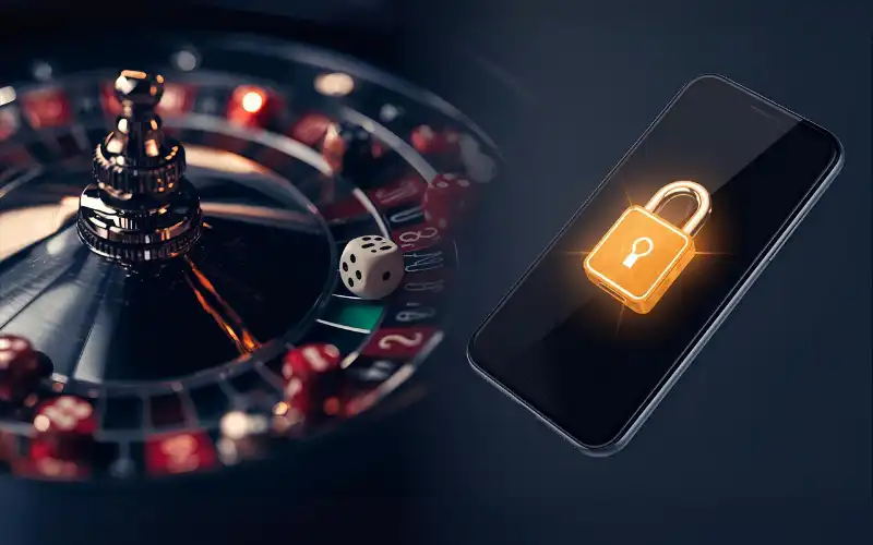 mostbet win88 login showing gambling risk with roulette wheel and secured smartphone with padlock