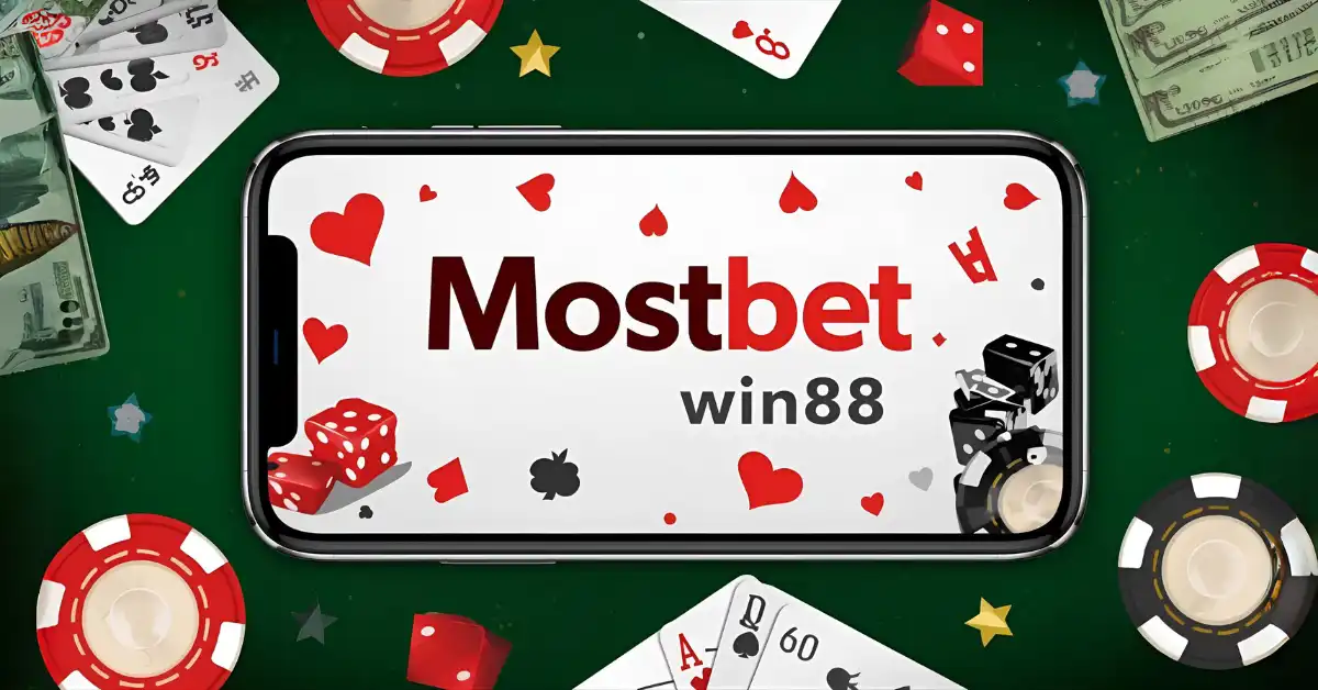 mostbet win88 login with cards, chips, dice, and money on smartphone