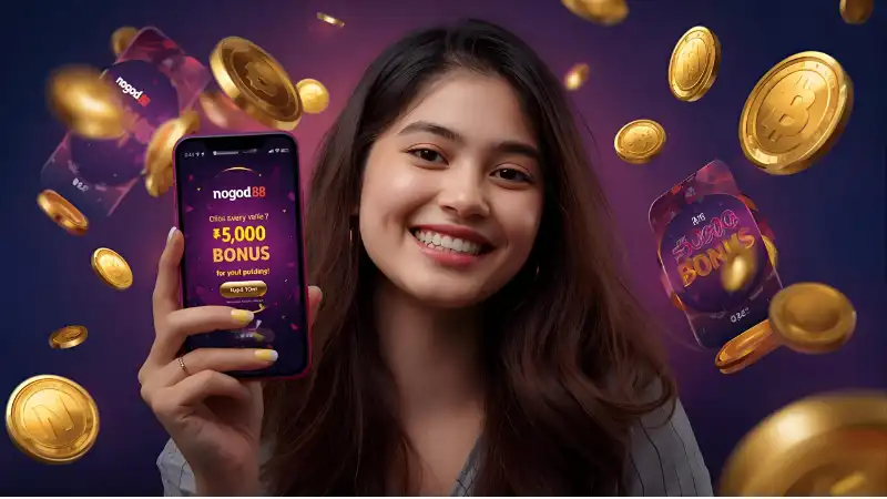Excited gamer using nogod 88 app on mobile, winning ৳50,000 Mega Bonus instantly.